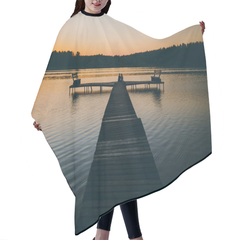 Personality  Man And Woman On Wooden Quay Hair Cutting Cape