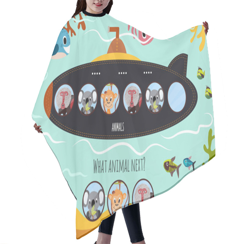 Personality  Cartoon Vector Illustration Of Education Will Continue The Logical Series Of Colourful Animals On Submarine In The Ocean Among Sea Animals. Matching Game For Preschool Children. Vector Hair Cutting Cape