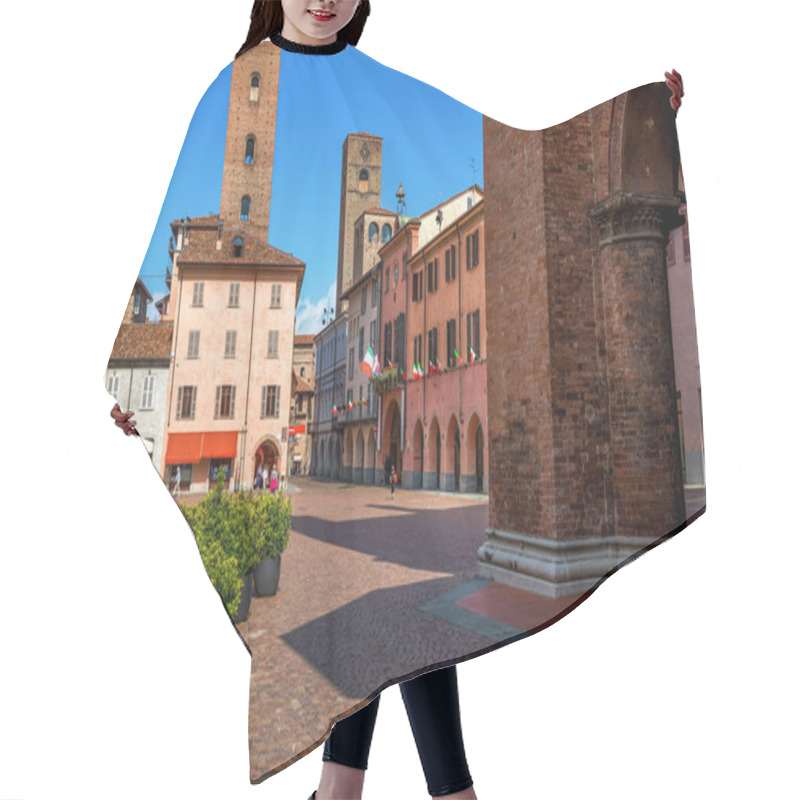 Personality  Cobblestone Square Surrounded By Historic Houses And Medieval Towers In Old Town Of Alba, Piedmont, Northern Italy. Hair Cutting Cape