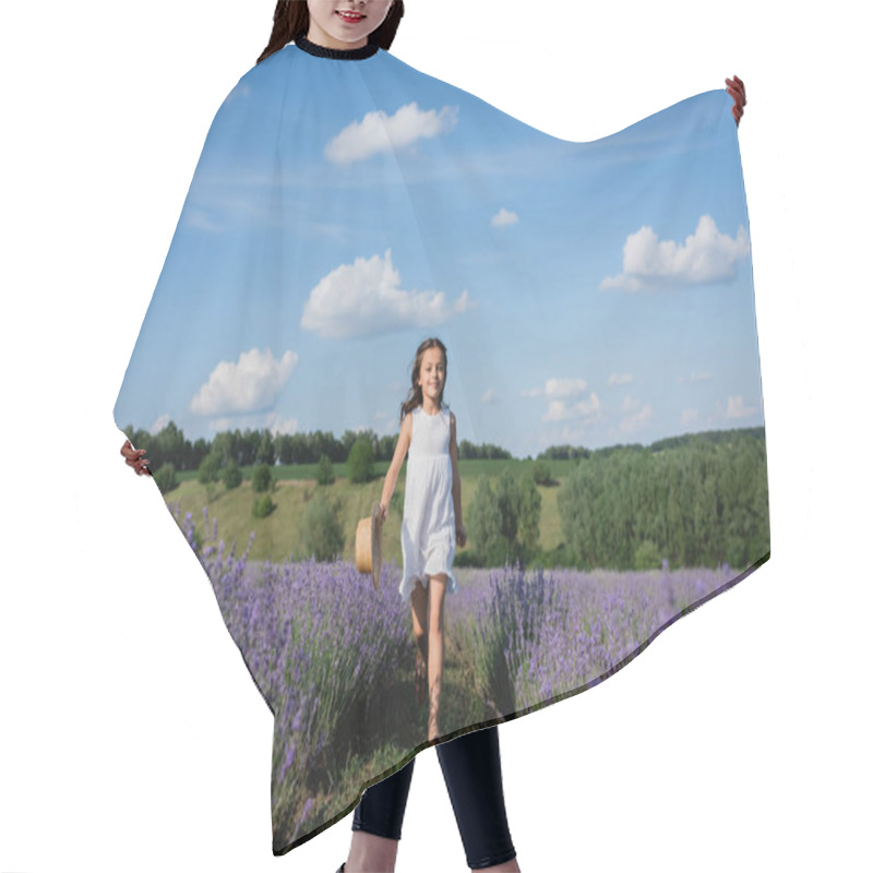 Personality  Full Length Of Smiling Girl In White Summer Dress Walking In Meadow Of Blooming Lavender Hair Cutting Cape