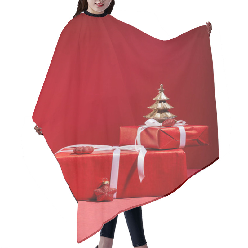 Personality  Red Gift Boxes And Decorative Golden Christmas Tree With Baubles On Red Background Hair Cutting Cape