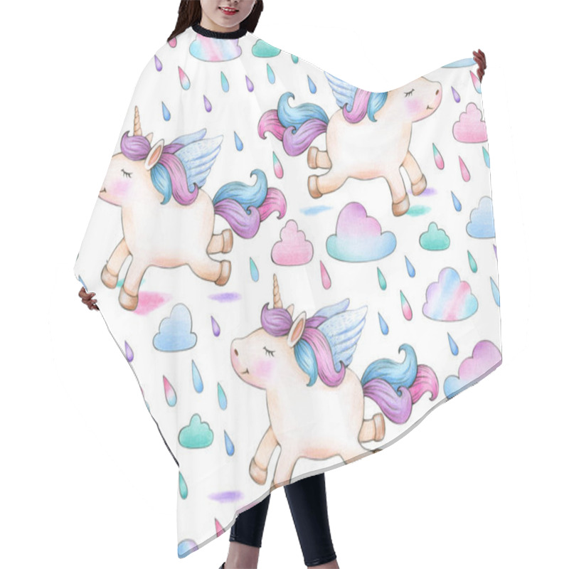 Personality  Set Of Unicorns Flying Under Rain On White Background Hair Cutting Cape