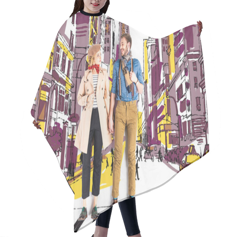 Personality  Elegant Couple Holding Hands With City Street Illustration On Background Hair Cutting Cape