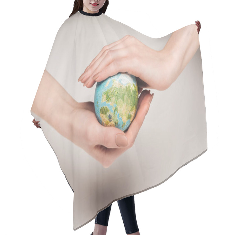 Personality  Partial View Of Woman Holding Earth Model On White Background, Global Warming Concept Hair Cutting Cape