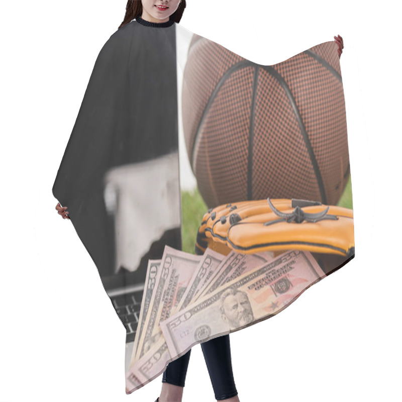 Personality  Close Up View Of Dollar Banknotes In Baseball Glove Near Toy Soccer Ball, Laptop And Basketball Ball Isolated On White, Sports Betting Concept Hair Cutting Cape