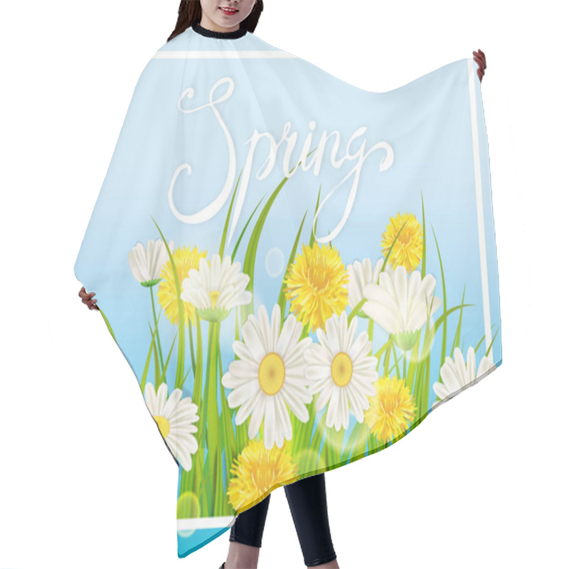 Personality  Spring Daisies, Chamomiles Dandelions Juicy Green Lettering. Spring Grass Background Template For Banners, Web, Flyer. Vector Illustration Isolated. Hair Cutting Cape