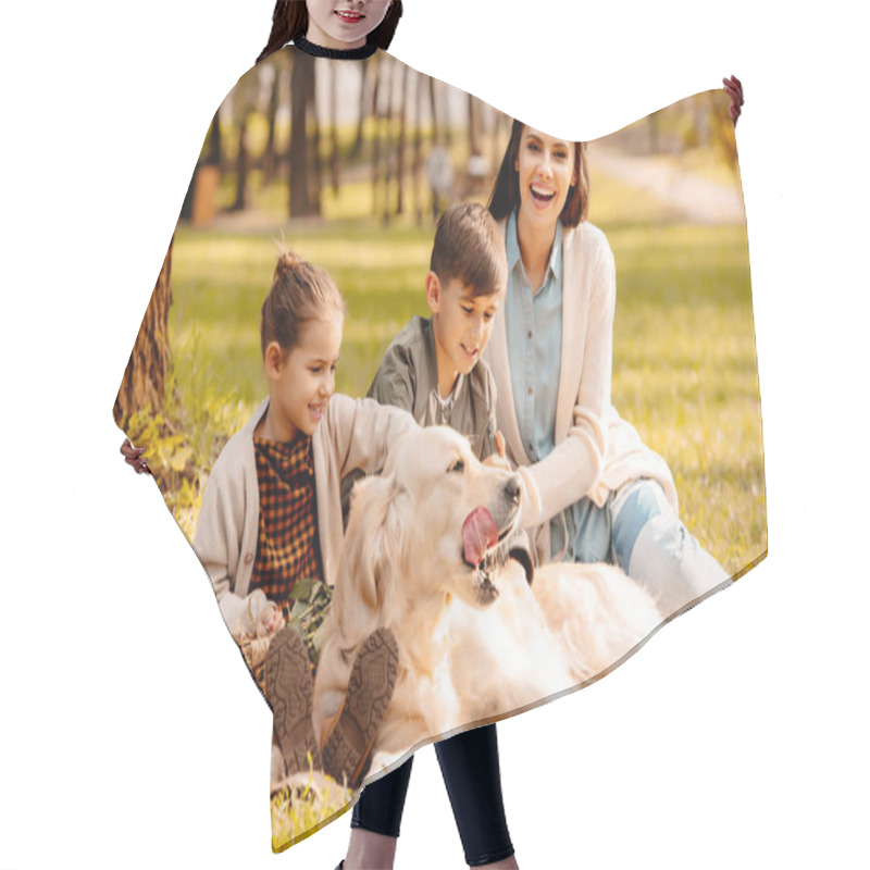 Personality  Children And Mother Petting Dog In Park Hair Cutting Cape