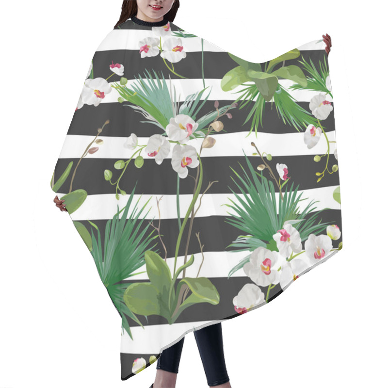 Personality  Tropical Palm Leaves And Orchid Flowers Background. Seamless Pattern In Vector Hair Cutting Cape