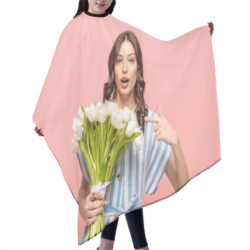 Personality  Surprised Girl Pointing With Finger At Bouquet Of White Tulips While Looking At Camera Isolated On Pink Hair Cutting Cape