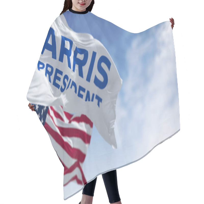 Personality  Washington D.C., US, July 22 2024: Kamala Harris 2024 Presidential Campaign Flag Waving With The American Flag. Illustrative Editorial 3d Illustration Render. 2024 US Presidential Election Hair Cutting Cape