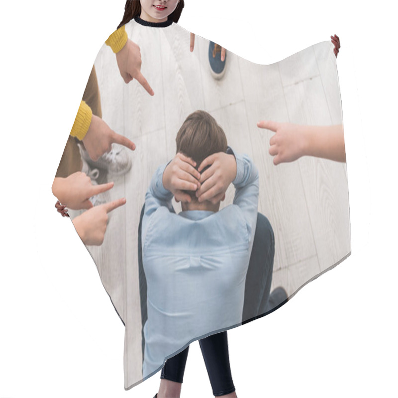 Personality  Top View Of Cruel Schoolkids Pointing With Fingers At Bullied Classmate  Hair Cutting Cape