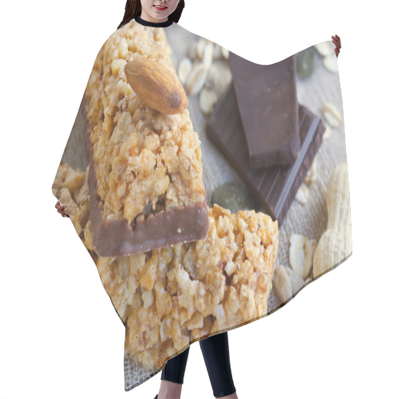 Personality  Granola Bars. Closeup Hair Cutting Cape