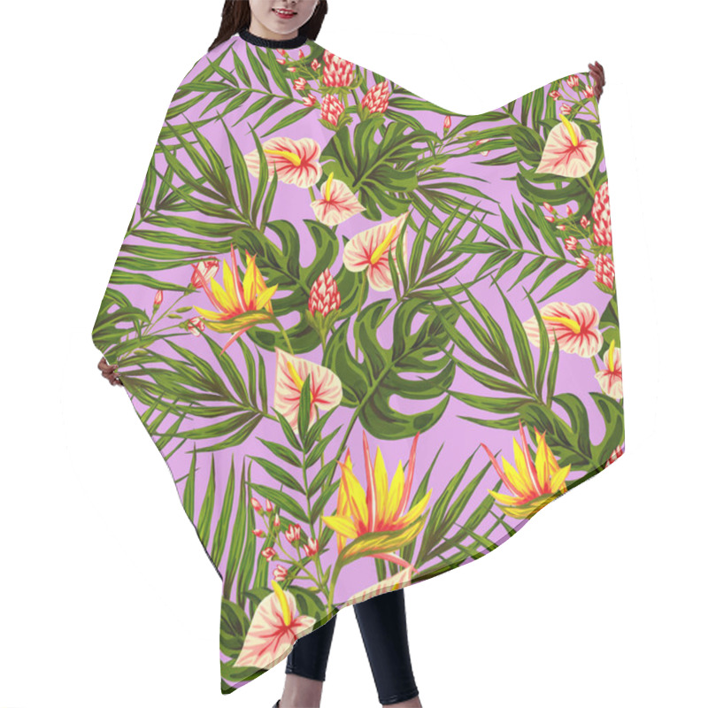 Personality  Seamless Pattern Of Gouache-painted Leaves Of Hawaiian Herbs And Trees. Trending Botanical Background With Tropical Plants Hair Cutting Cape