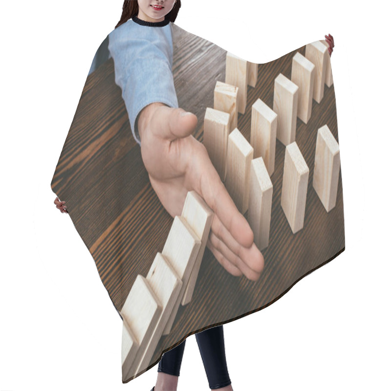 Personality  Partial View Of Man Preventing Wooden Blocks From Falling On Desk Hair Cutting Cape