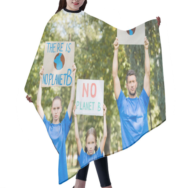 Personality  Family Of Volunteers Holding Placards With Globe, Save, And No Planet B Inscription In Raised Hands, Ecology Concept Hair Cutting Cape