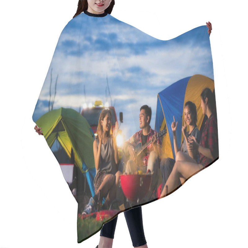 Personality  Camping Of Asian Man And Women Group Hair Cutting Cape