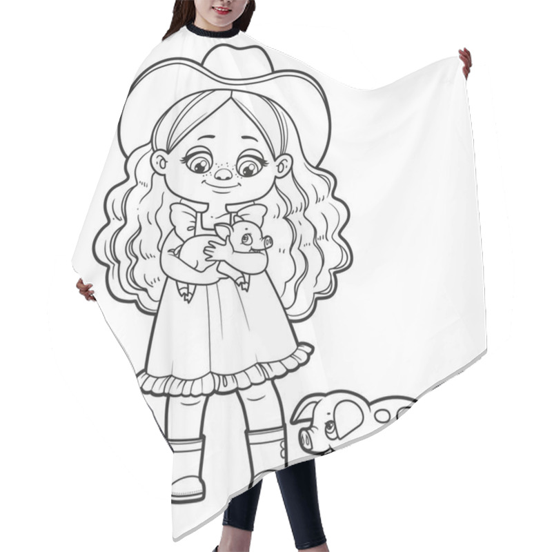 Personality  Cute Cartoon Girl Holding Little Pig In Her Hands And A Pig Nearby Outlined For Coloring Page On White Background Hair Cutting Cape