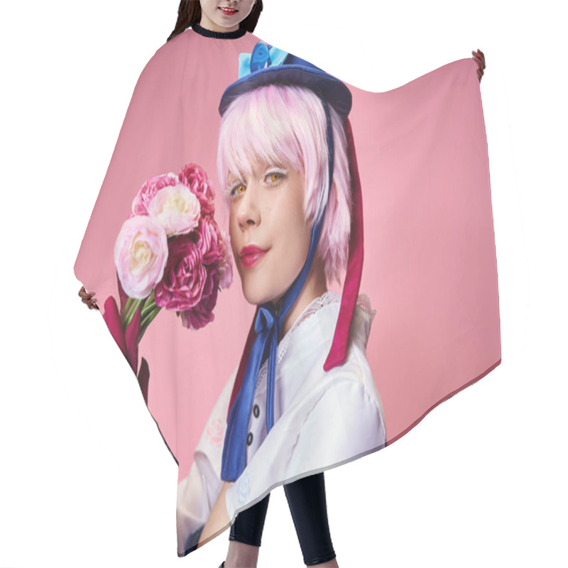 Personality  Alluring Cute Female Cosplayer In Vibrant Costume Holding Pink Flowers And Looking At Camera Hair Cutting Cape