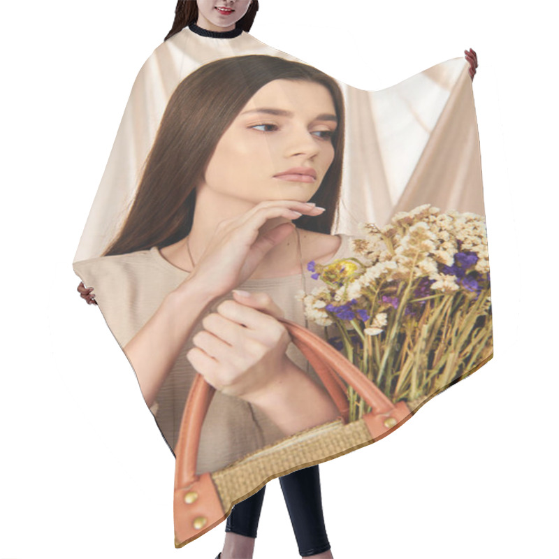 Personality  A Young Woman With Long Brunette Hair Holding A Bag Filled With Vibrant Flowers, Embodying The Essence Of Summer. Hair Cutting Cape