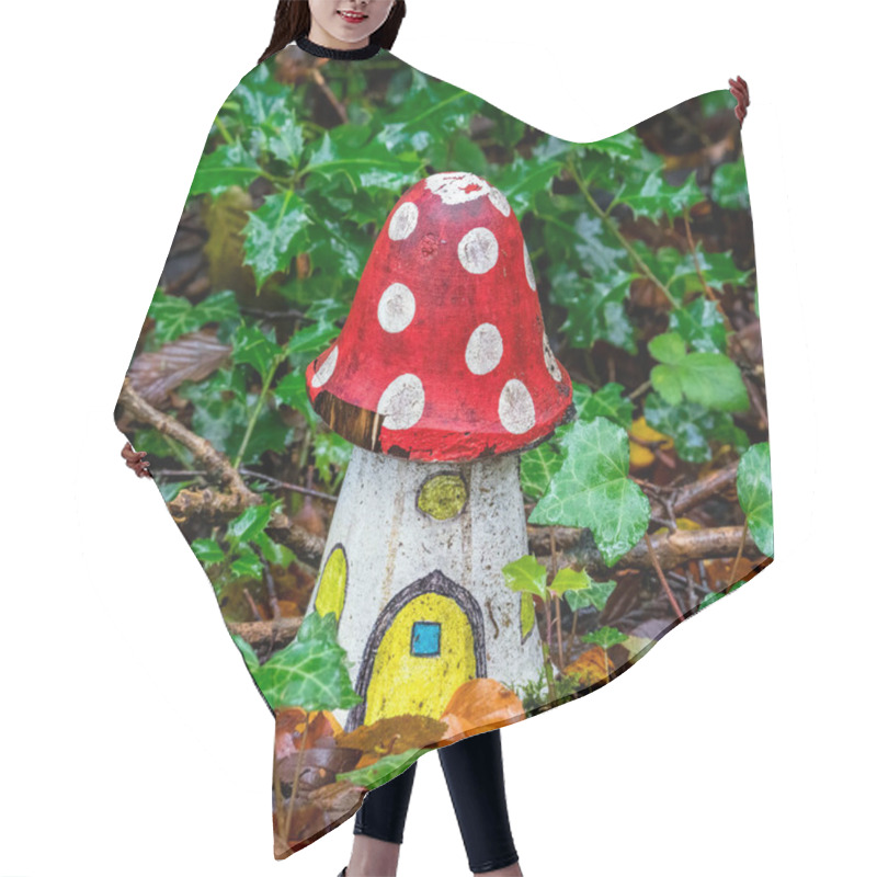 Personality  Artificial Childhood Display Of A Fly Agaric Red And White Wooden House Mushroom In An Enchanted Fairy Toadstool Woodland During The Autumn Fall Season Of November, Stock Image Photo Hair Cutting Cape