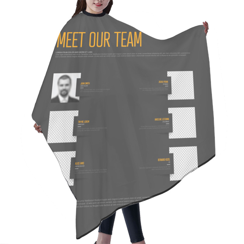 Personality  Company Team Dark Presentation Template With Team Profile Photos Placeholders And Some Sample Text About Each Team Member - Dark Version And Yellow Accent On Team Members Names Hair Cutting Cape