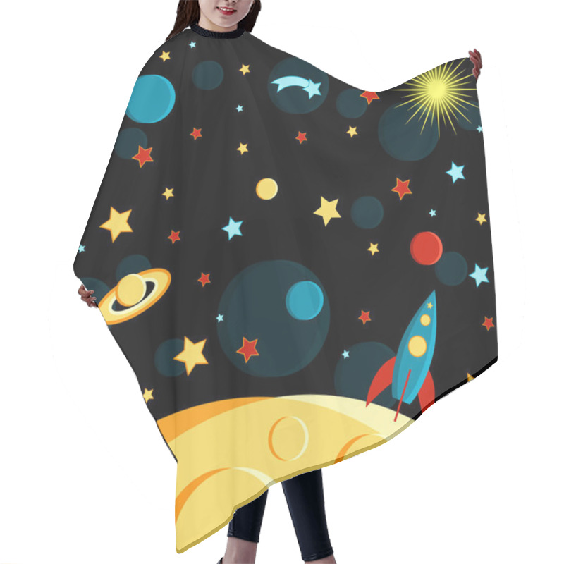 Personality  Surface Of The Moon, Rocket And Space View. Moon, Sun, Saturn, Earth, Other Planets, Rocket Stars Comets Space Cartoon Style Hair Cutting Cape