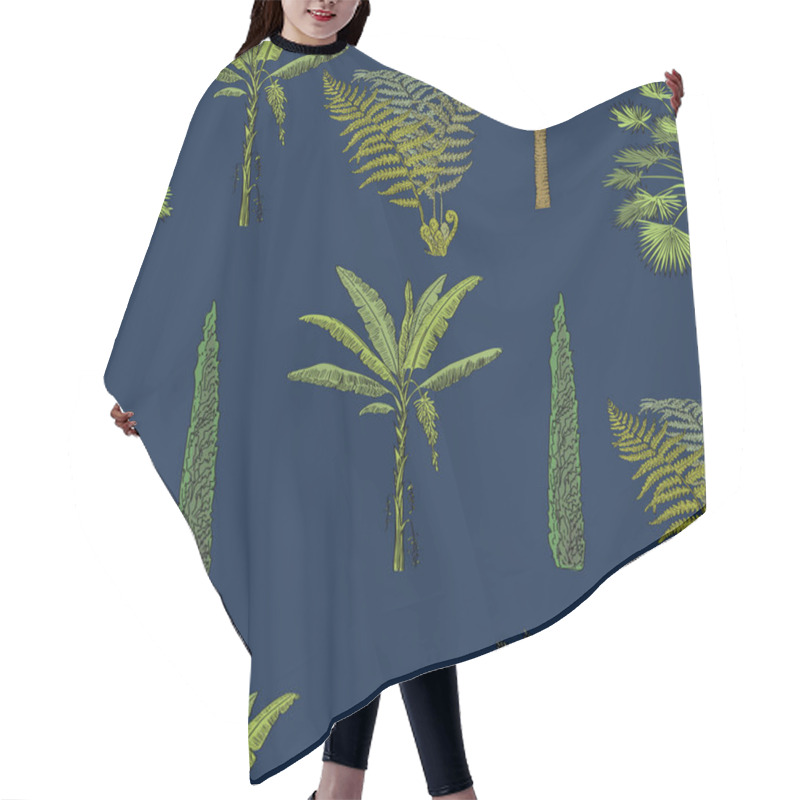 Personality  Vector Drawn Seamless Pattern Of Tropical Palm Trees And Plants In A Sketch Style. Exotic Collection. Hair Cutting Cape