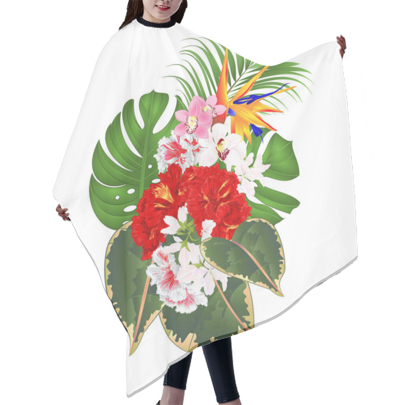 Personality  Bouquet With Tropical Flowers  Floral Arrangement With Beautiful Strelitzia  And White And Red Hibiscus And Orchids Cymbidium  Palm,philodendron  Ficus Vintage Vector Illustration  Editable Hand Draw  Hair Cutting Cape