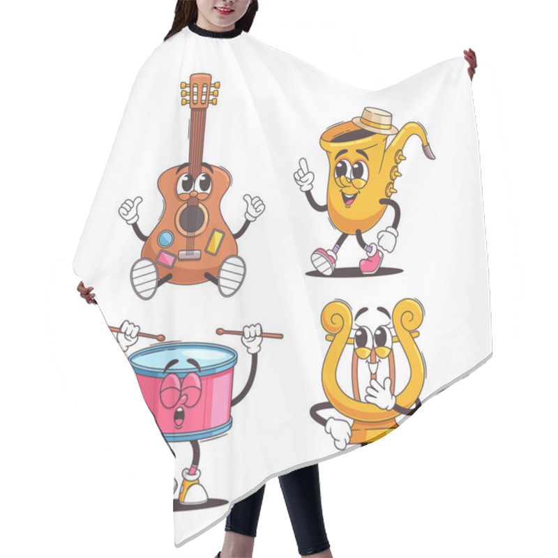 Personality  Cheerful Musical Instruments Cartoon Characters With Expressive Faces In Retro Style. Vector Illustration Includes Guitar, Drum, Saxophone, And Lyre With Fun And Playful Faces Ready For Performance Hair Cutting Cape