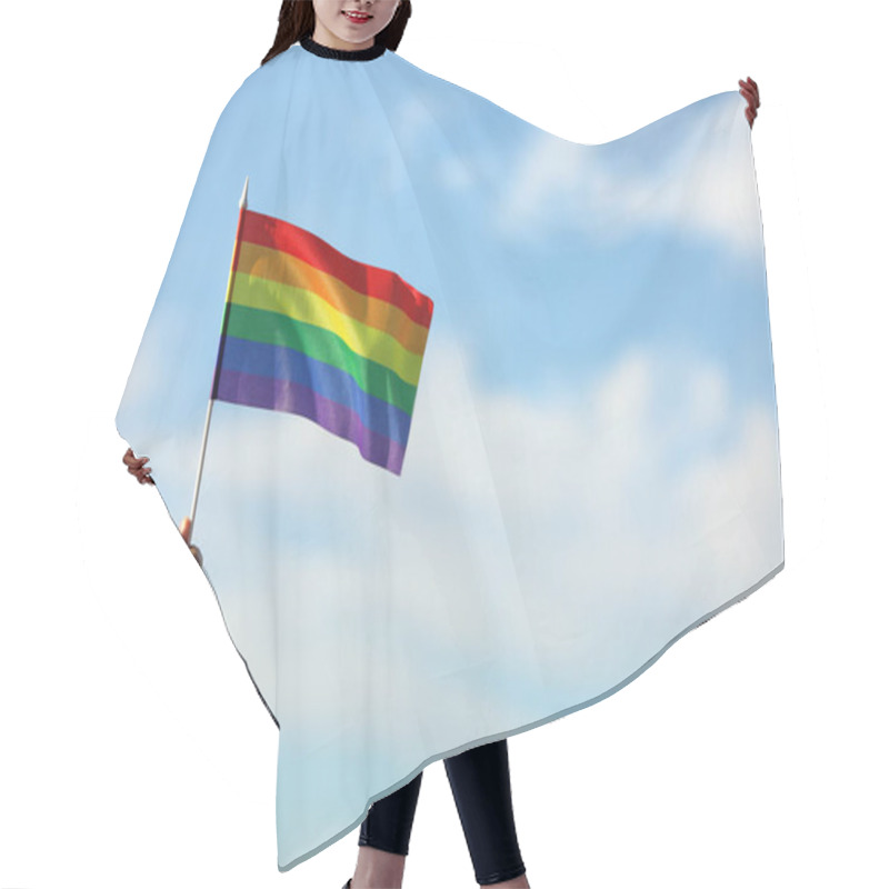 Personality  Woman Holding Bright LGBT Flag Against Blue Sky, Closeup. Space For Text Hair Cutting Cape