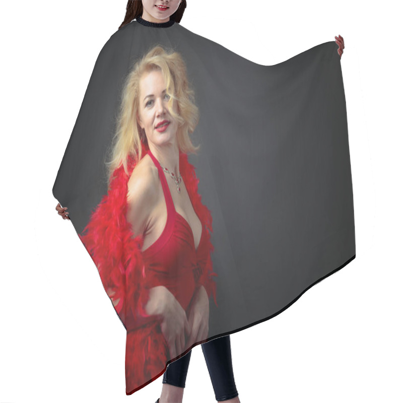 Personality  Attractive Middle Age Woman In Red Evening Dress With Fluffy Fea Hair Cutting Cape