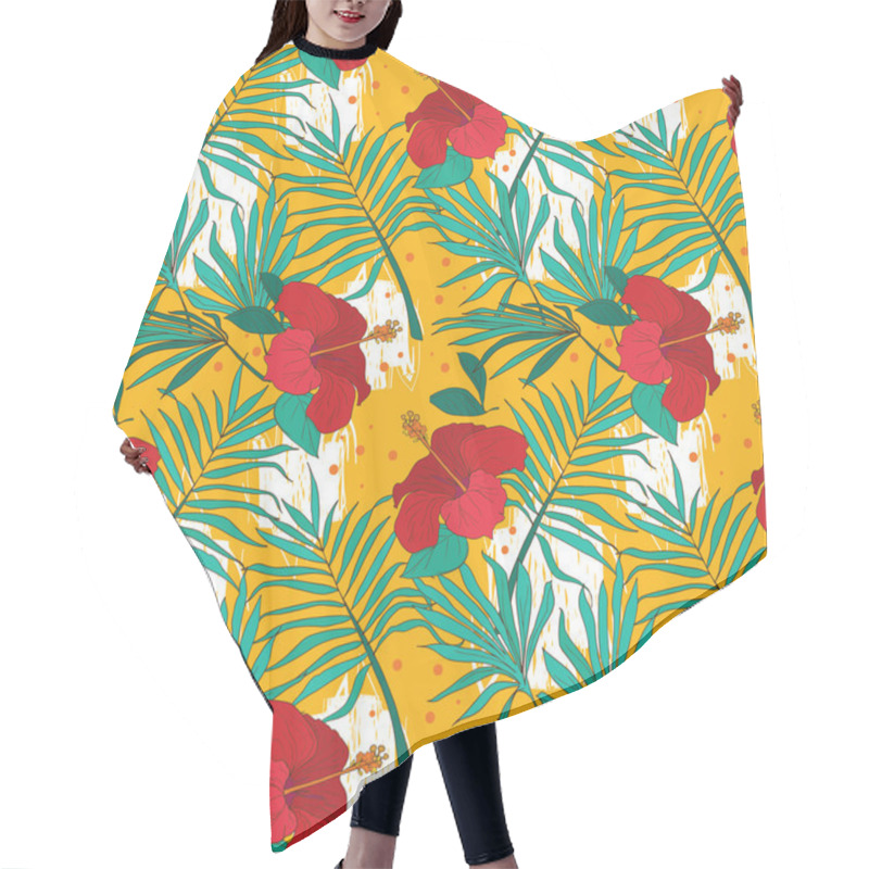 Personality  Seamless Pattern With Hibiscus Flowers And Palm Leaves Hair Cutting Cape