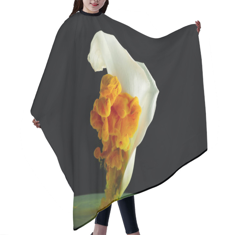 Personality  Close-up View Of Beautiful White Calla Lily Flower And Orange Ink On Black Hair Cutting Cape