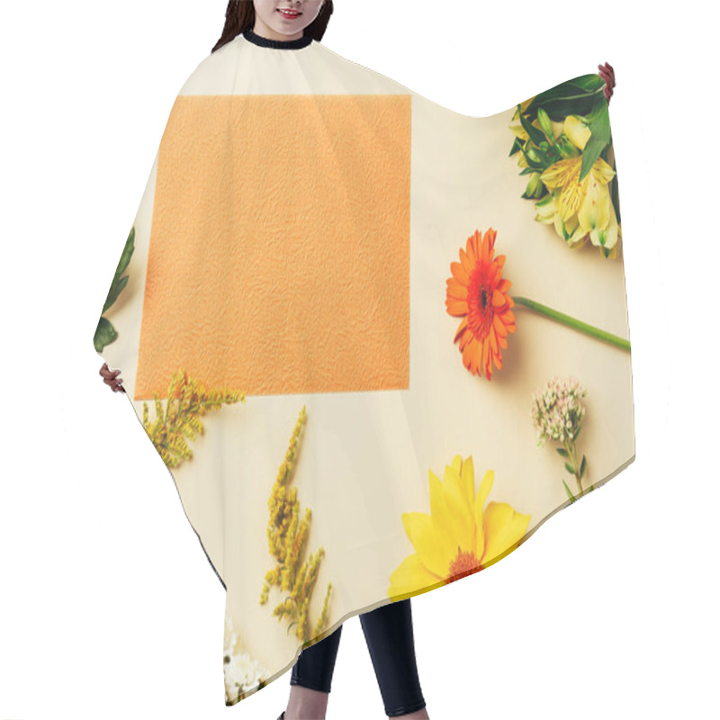 Personality  Flat Lay With Various Wildflowers Around Blank Orange Card On Beige Background Hair Cutting Cape