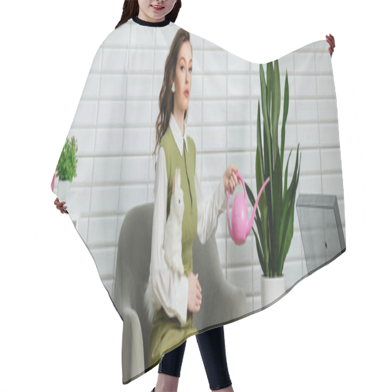 Personality  Eco-friendly, Housekeeping Concept, Woman Acting Like A Doll, Beautiful Woman Watering Plant, Green Thumb, Sitting On Armchair And Holding Toy Rabbit, Housewife With Pink Watering Can, Banner  Hair Cutting Cape