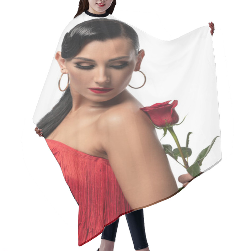 Personality  Beautiful, Elegant Dancer Looking At Red Rose In Hand Of Partner While Performing Tango Isolated On White Hair Cutting Cape