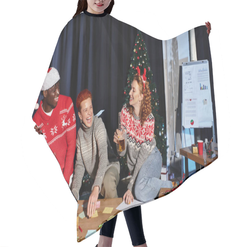 Personality  A Lively Team Of Coworkers Shares A Joyful Christmas Celebration With Drinks And Laughter. Hair Cutting Cape