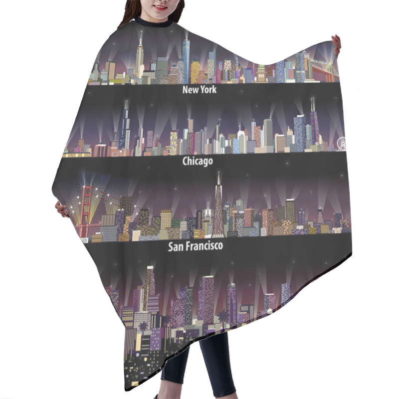 Personality  Abstract Vector Illustrations Of United States City Skylines (New York, Chicago, San Francisco And Los Angeles) At Night With Map And Flag Of United States Hair Cutting Cape