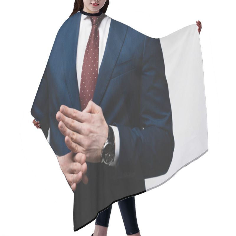 Personality  Partial View Of Confident Businessman Showing Stop Gesture Isolated On Grey, Human Emotion And Expression Concept Hair Cutting Cape