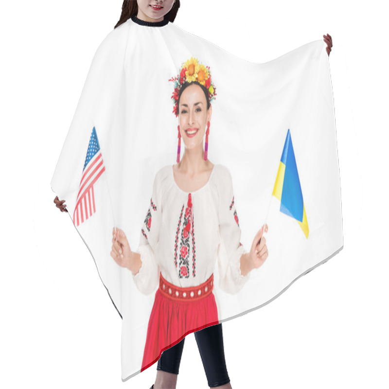 Personality  Smiling Brunette Young Woman In National Ukrainian Costume Holding American And Ukrainian Flags Isolated On White Hair Cutting Cape