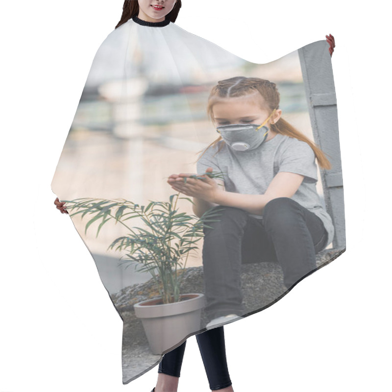 Personality  Child In Protective Mask Touching Green Potted Plant, Air Pollution Concept Hair Cutting Cape