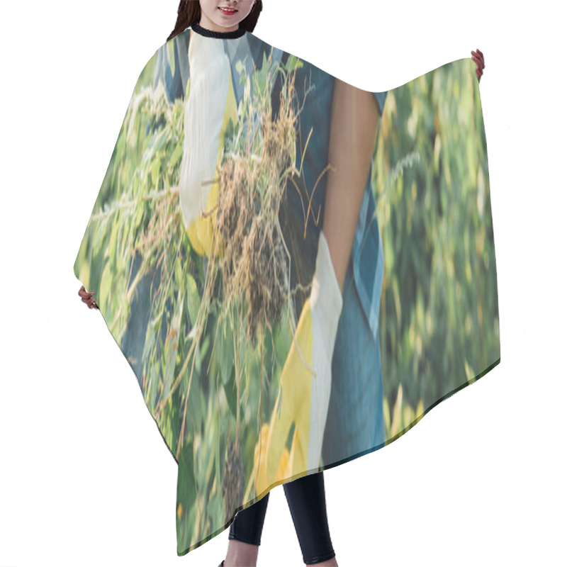 Personality  Cropped View Of Farmer Weeding Field In Work Gloves, Horizontal Concept Hair Cutting Cape