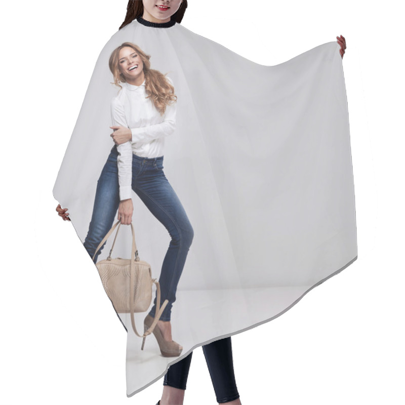 Personality  Beautiful Happy Woman Holding A Bag Hair Cutting Cape