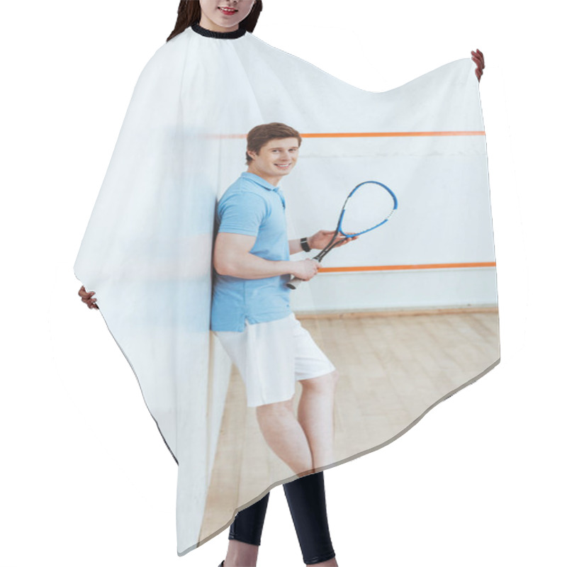 Personality  Full Length View Of Squash Player In Blue Polo Shirt Looking At Camera Hair Cutting Cape