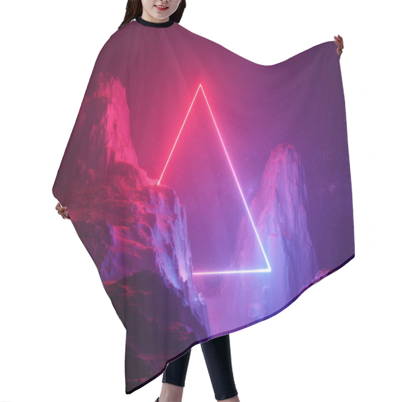 Personality  3d Render, Abstract Background, Cosmic Landscape, Triangular Portal, Pink Blue Neon Light, Virtual Reality, Energy Source, Glowing Quad, Dark Space, Ultraviolet Spectrum, Laser Triangle, Rocks, Ground Hair Cutting Cape