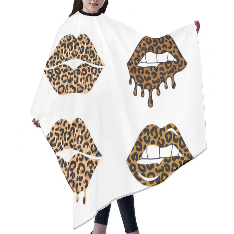 Personality  Kissing And Biting Lips With Leopard Print Collection. Dripping Paint. Cheetah Design. Isolated Vector Illustration Set. Trendy Sticker For Tshirt Hair Cutting Cape