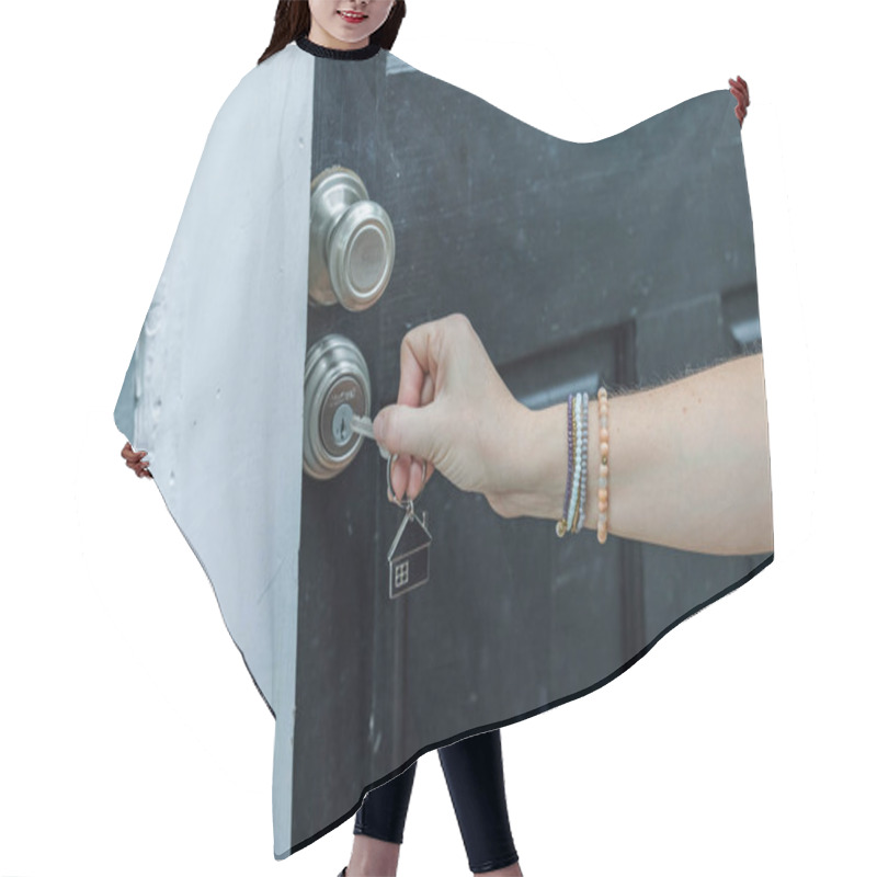 Personality  A Woman Opening A Locked Back Door In The Rear Of A Home With A Key Hair Cutting Cape