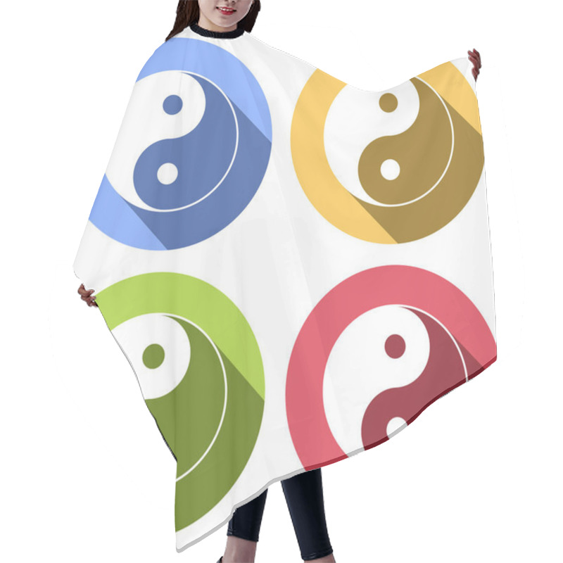 Personality  Yin Yan Symbol. Set Of White Icons With Long Shadow On Blue, Orange, Green And Red Colored Circles. Sticker Style Hair Cutting Cape