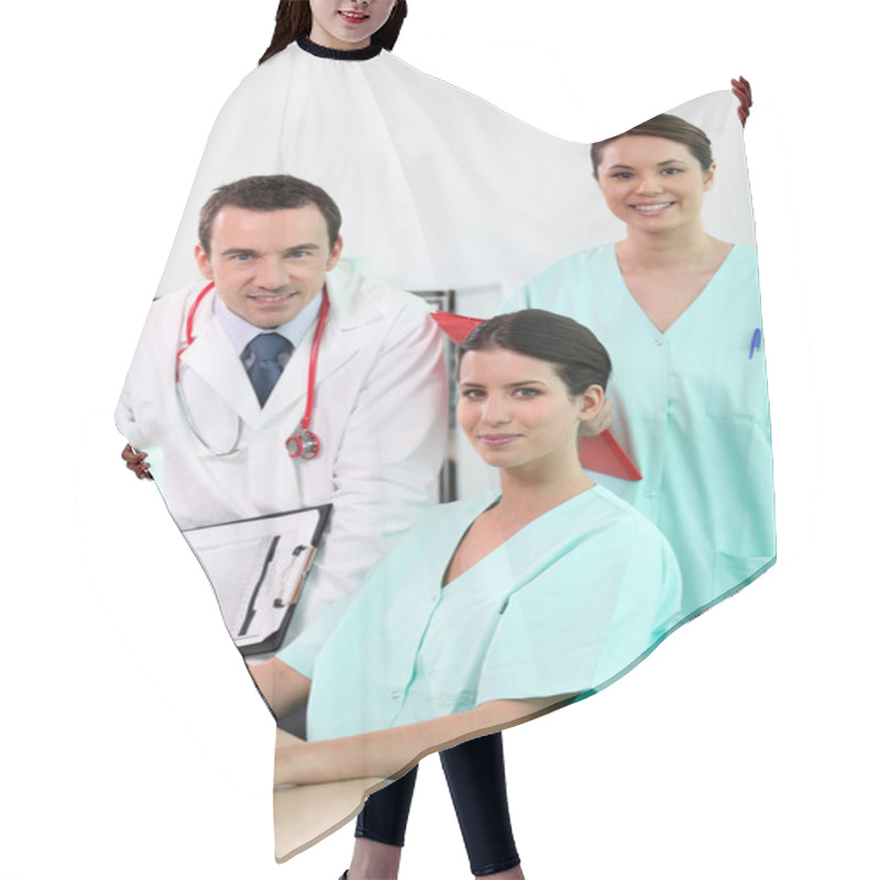 Personality  Doctor With His Assistants Hair Cutting Cape