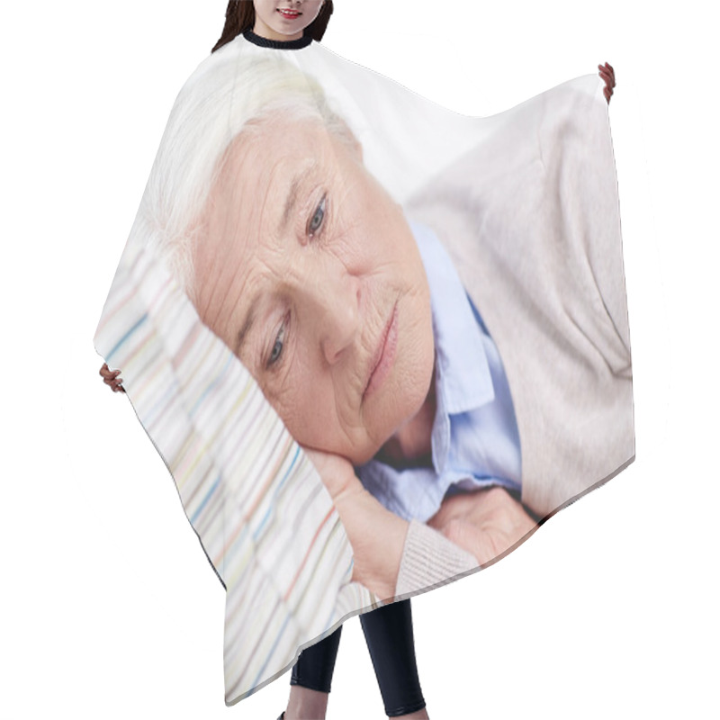 Personality  Sad Senior Woman Lying On Pillow At Home Hair Cutting Cape